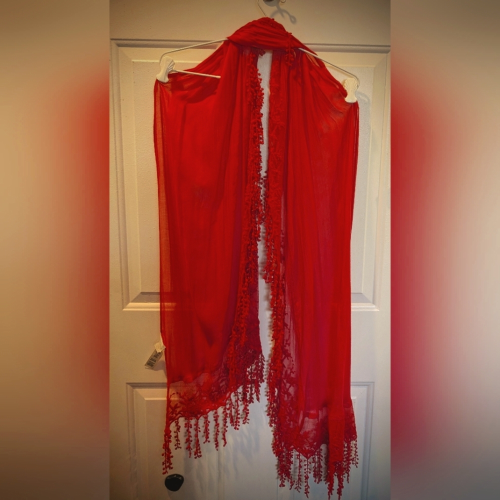 Vintage Red Chico's Woven Embroidered Shawl/Scarf with Tassles - OS